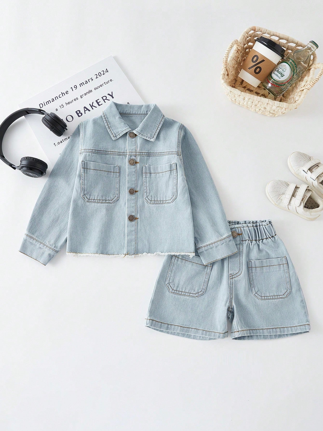 YOUNG GIRL Casual Light Blue Washed Denim Jacket With Flat Pockets And Raw Hem & High Waist Denim Shorts Set