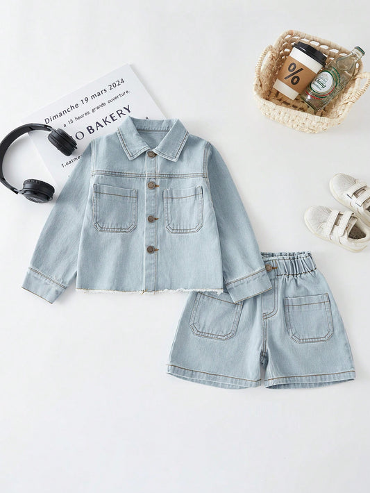 YOUNG GIRL Casual Light Blue Washed Denim Jacket With Flat Pockets And Raw Hem & High Waist Denim Shorts Set