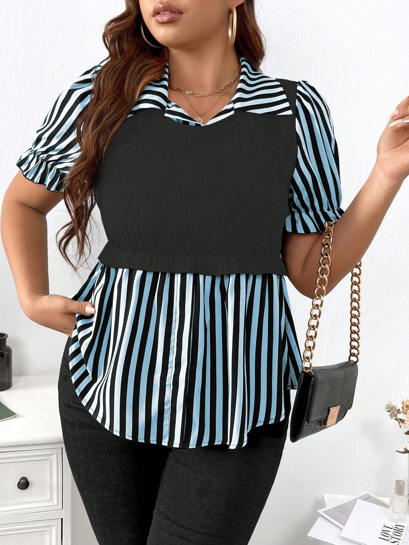 Plus Striped Print Puff Sleeve Peplum Top