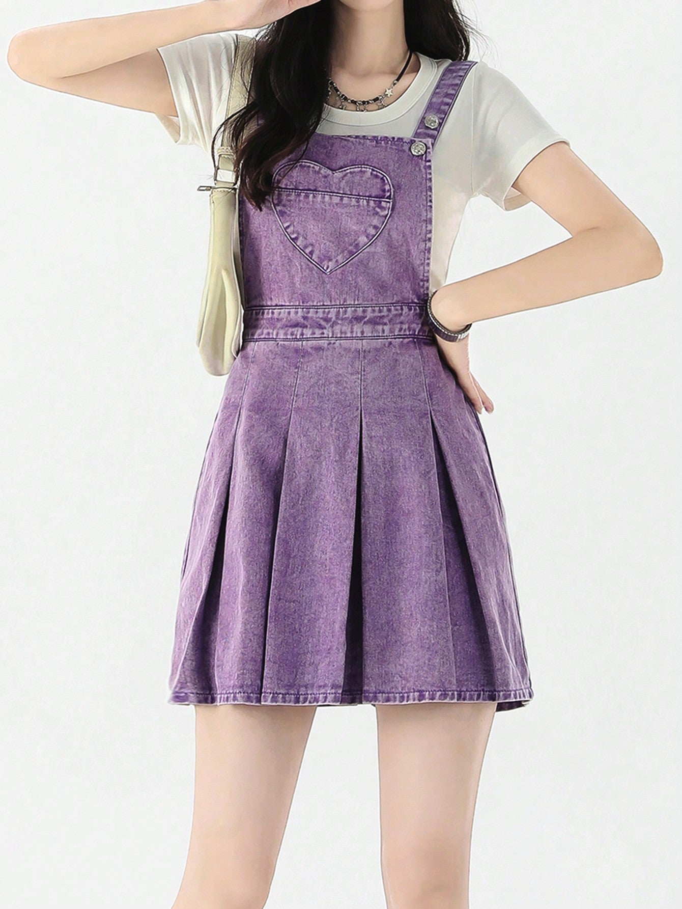 Heart Pocket  Style Y2k Pleated Denim Overall Dress For Teenage Girls, Violet