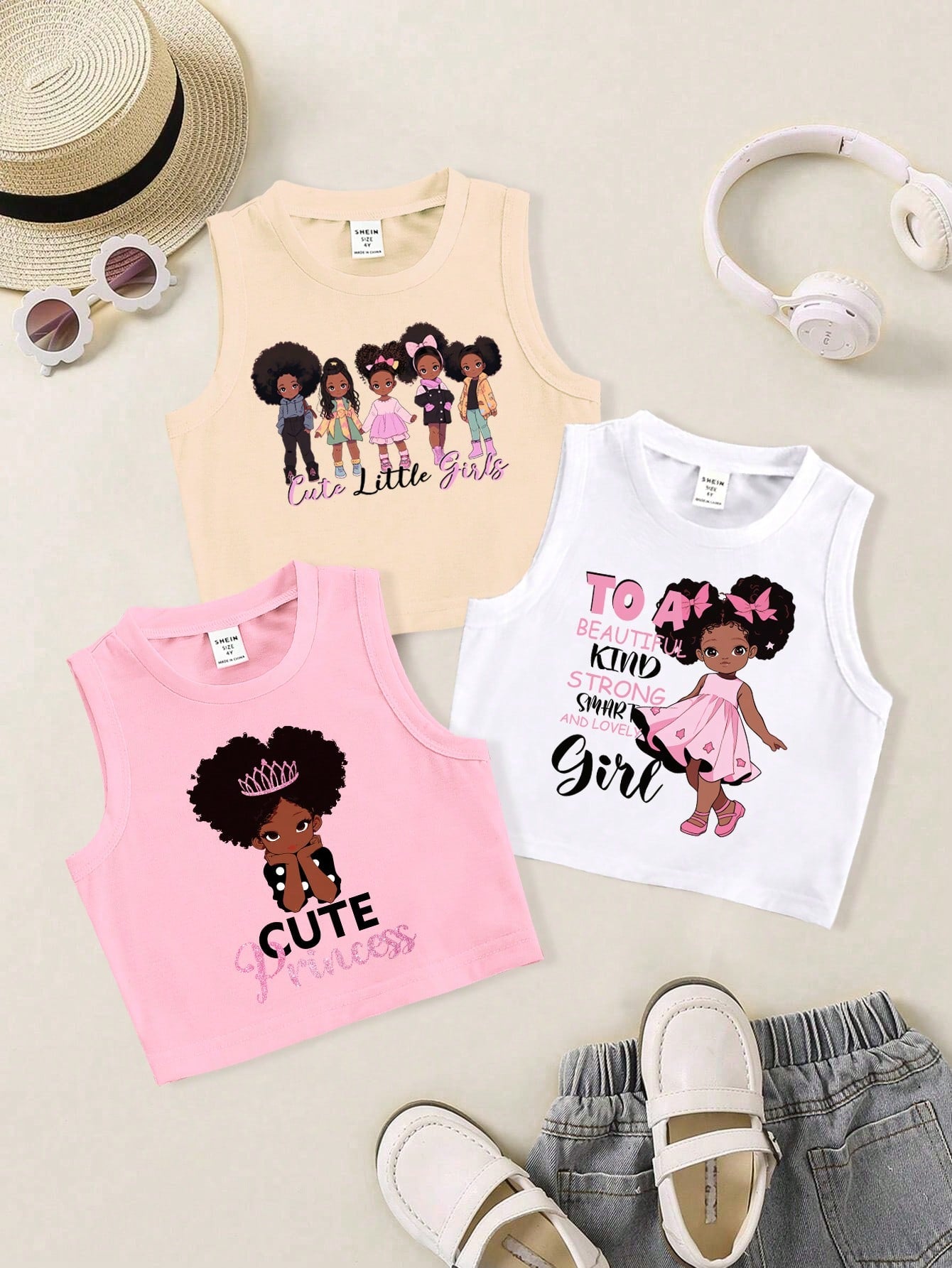 Young Girl Cute Casual Heart & Character Printed Tank Top