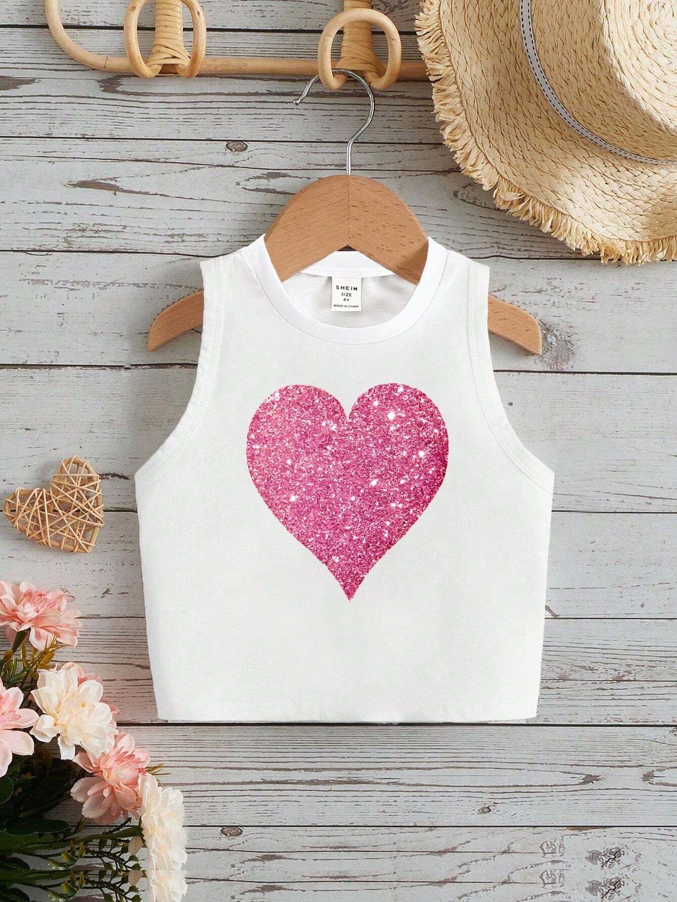 Young Girl Casual Heart Pattern Printed Gold Foil Detail Crop Top