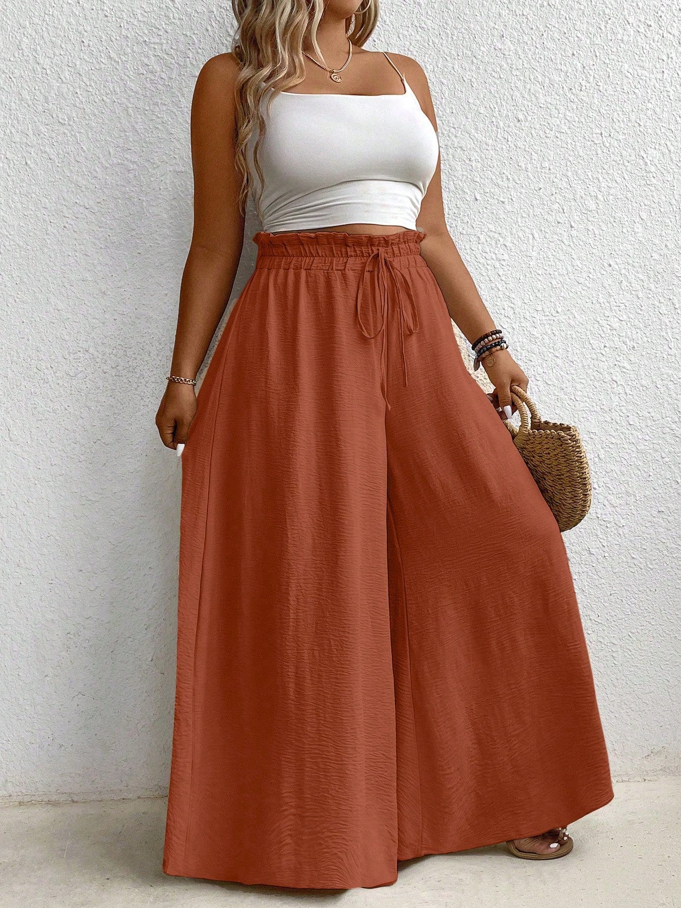 Plus Size Elastic Waist Belted Loose Textured Wide-Leg Pants