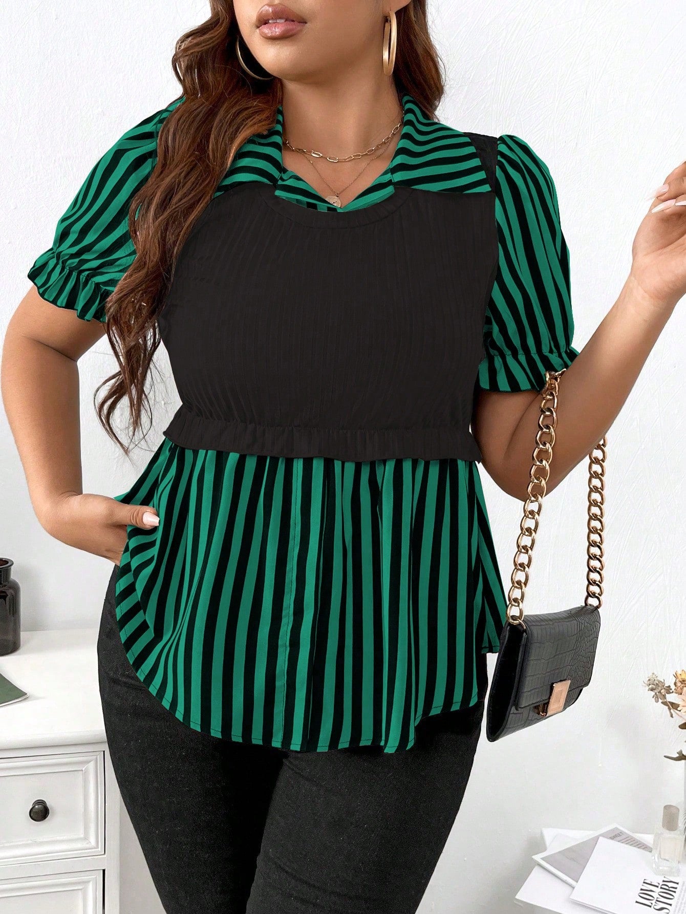 Plus Striped Print Puff Sleeve Peplum Top