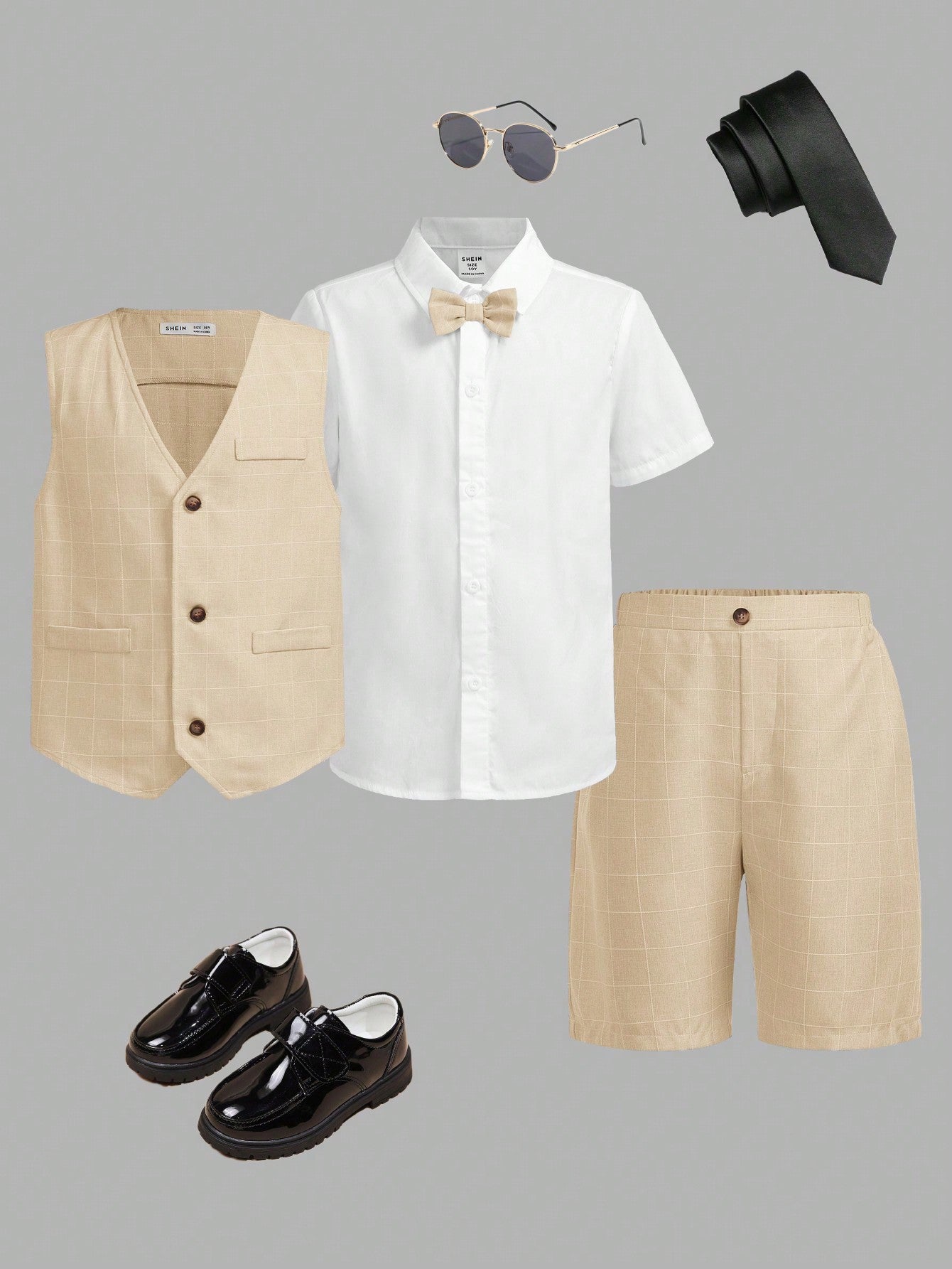 3pcs/Set Tween Boys' Preppy Style Collared Bow Tie Shirt, Plaid Vest, And Shorts Gentleman Outfit