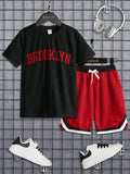 Teen Boy Casual Loose Fit Short Sleeve T-Shirt With Letter Print And Contrast Color Mesh Shorts Knitted Sports Set, 2pcs