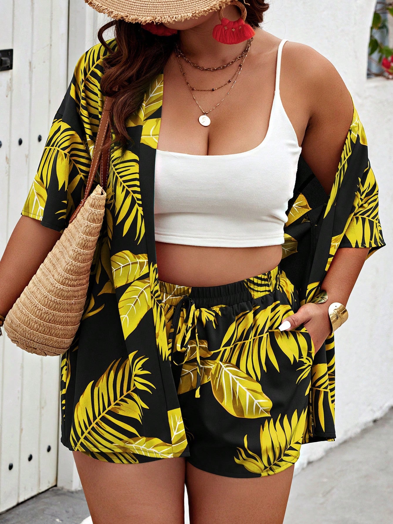 Plus Tropical Print Kimono & Shorts Without Cami Top