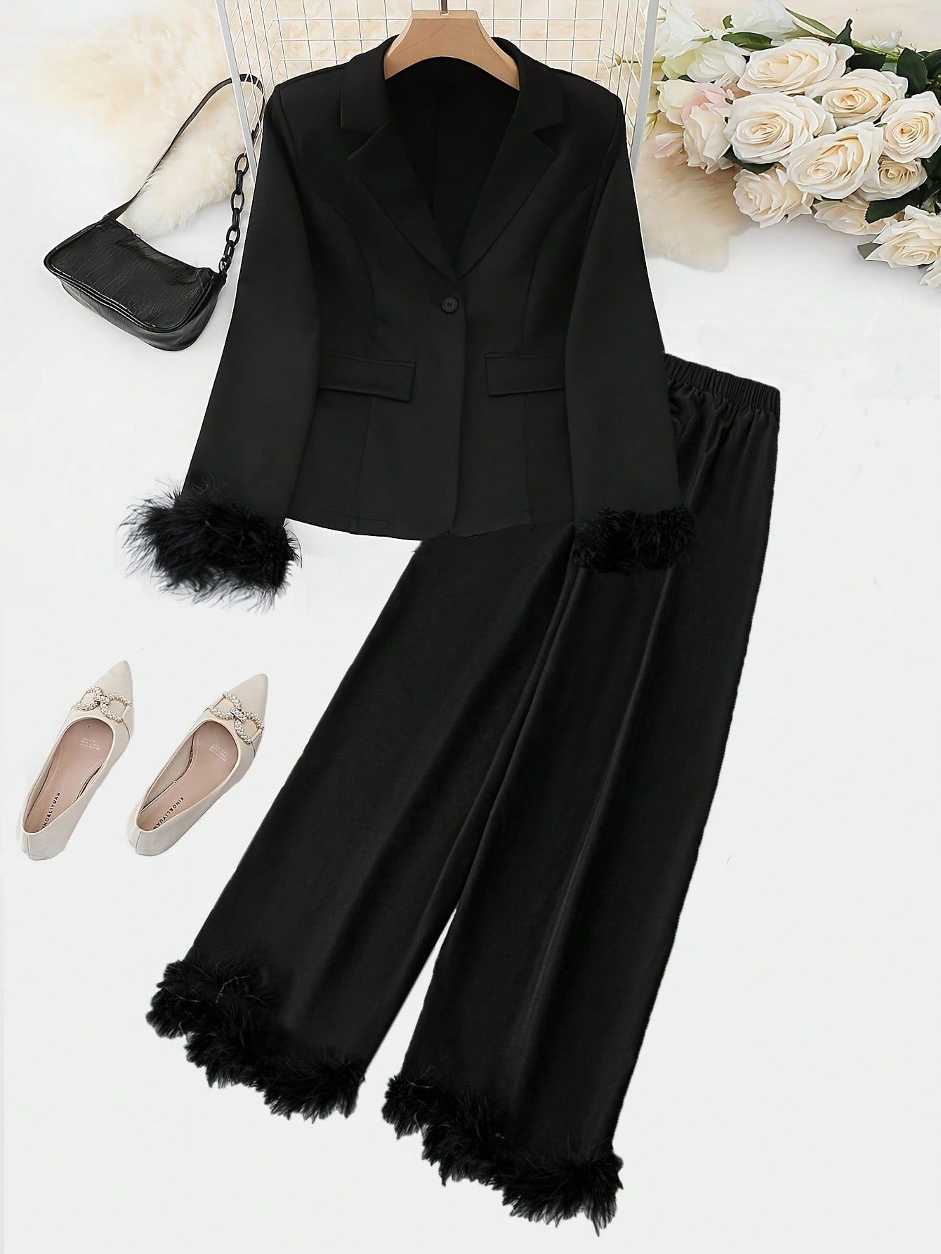 Plus Size Single-Breasted Faux Fur Trimmed Long Sleeve Suit Jacket And Pants Set