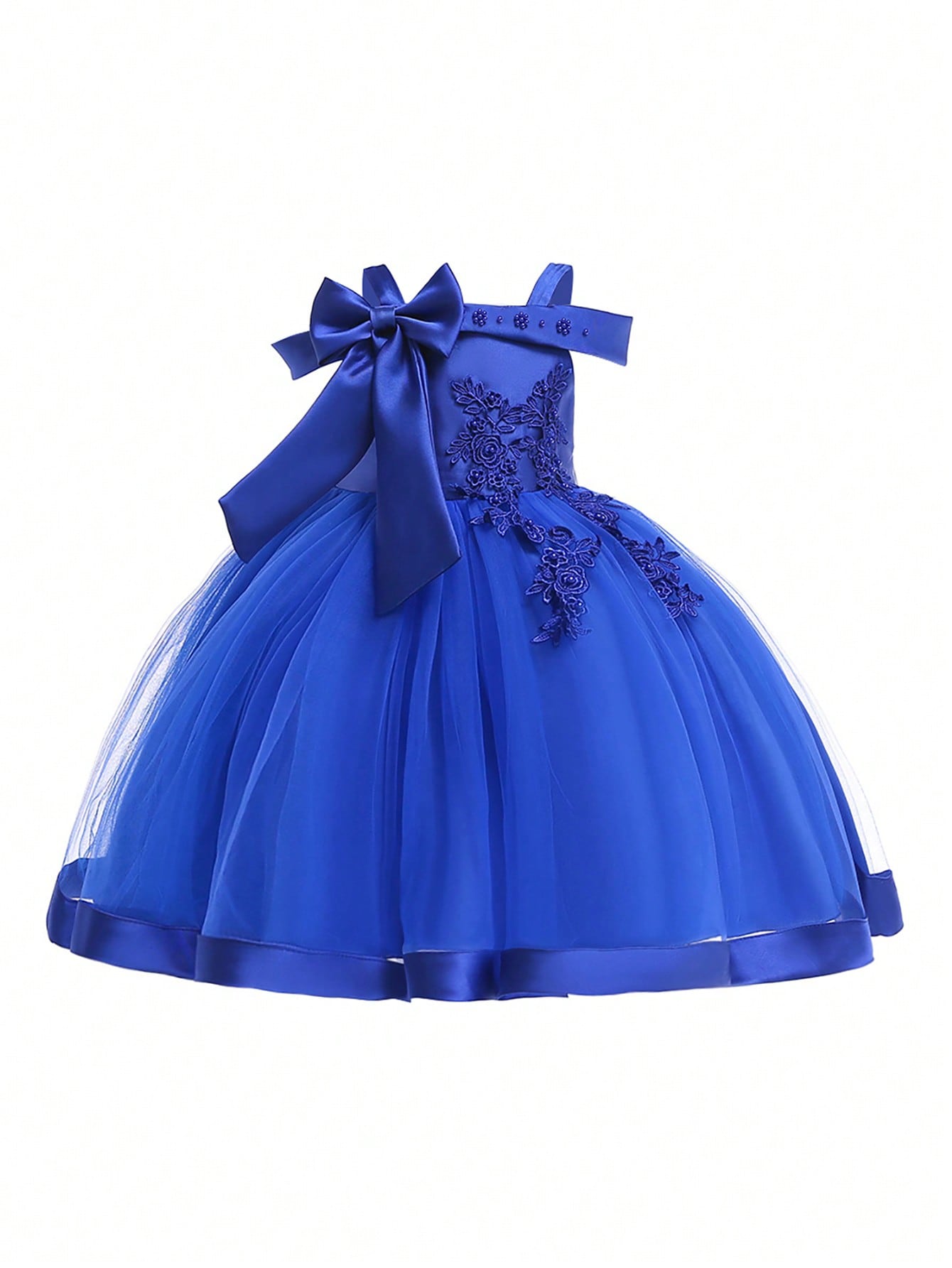 Young Girl Solid Color Tulle Splicing Satin Bowknot Decorated Sleeveless Fluffy Dress, Elegant & Gorgeous Party Dress For Birthday Parties