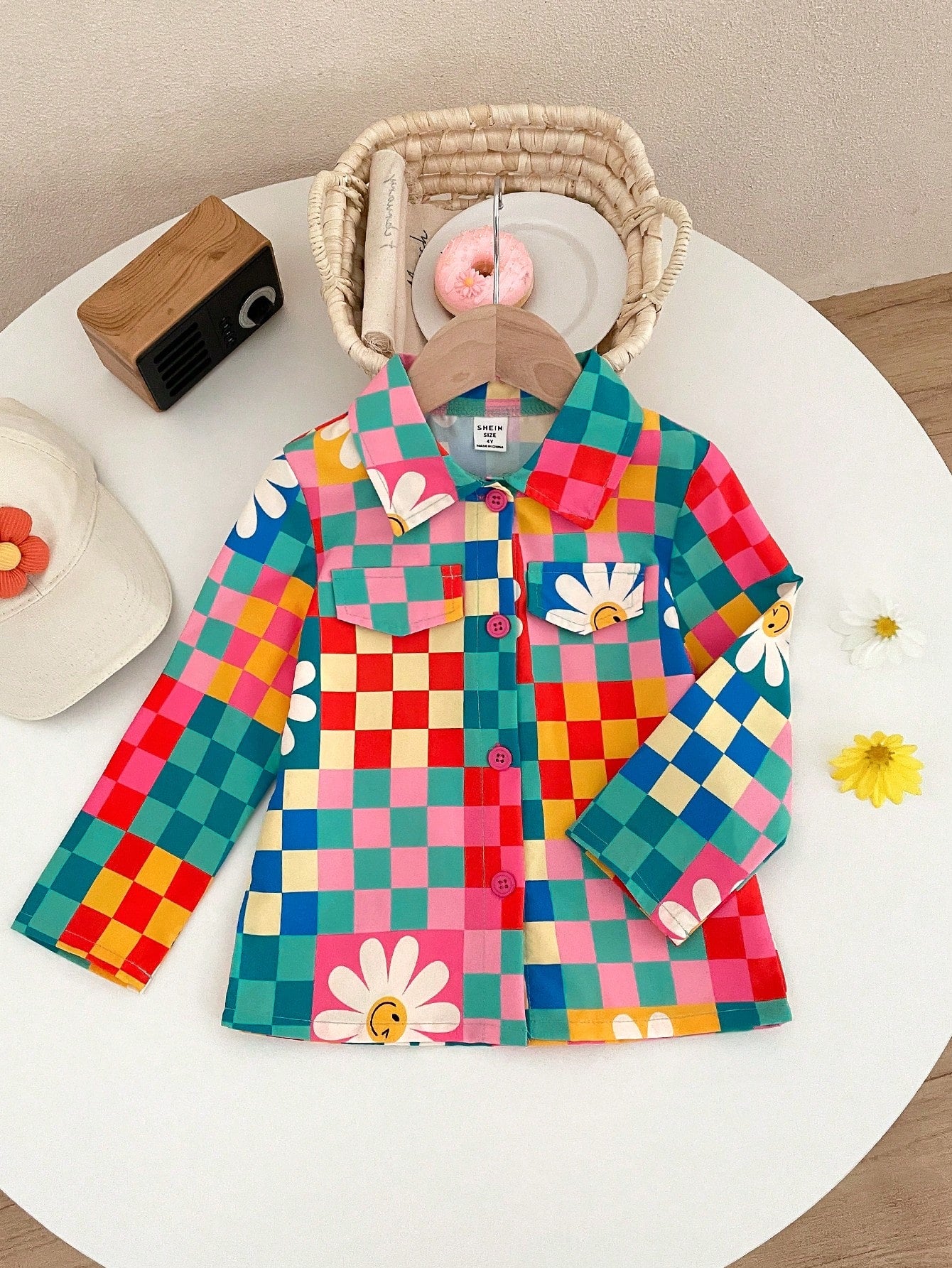 Girls' Cute And Fun Multicolor Checkerboard, Flower And Smile-Face Print Long Sleeve Jacket, Spring, Autumn And Winter