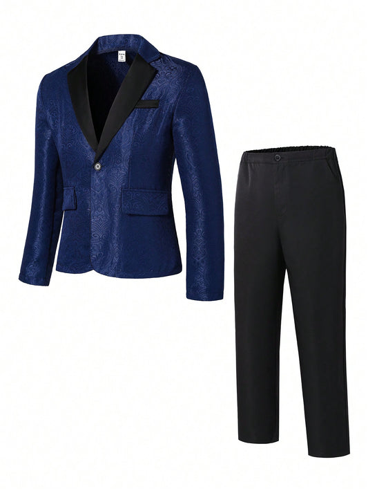 2pcs Teen Boys' Gentleman Suit, Including Color-Blocked Lapel Shiny Blazer And Long Dress Pants, Perfect For Formal Events Like Birthday Parties, Wedding Seasons And Night Parties