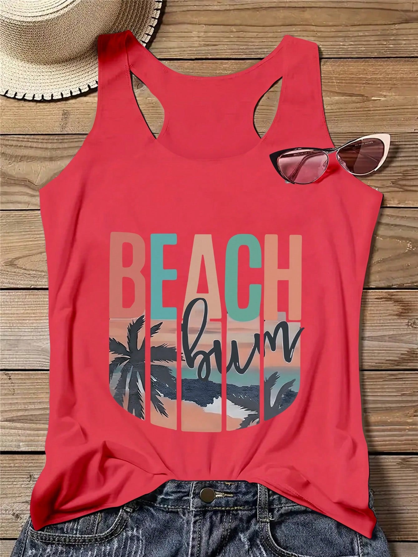 Plus Size Vacation Casual Coconut Tree & Letter Printed Tank Top