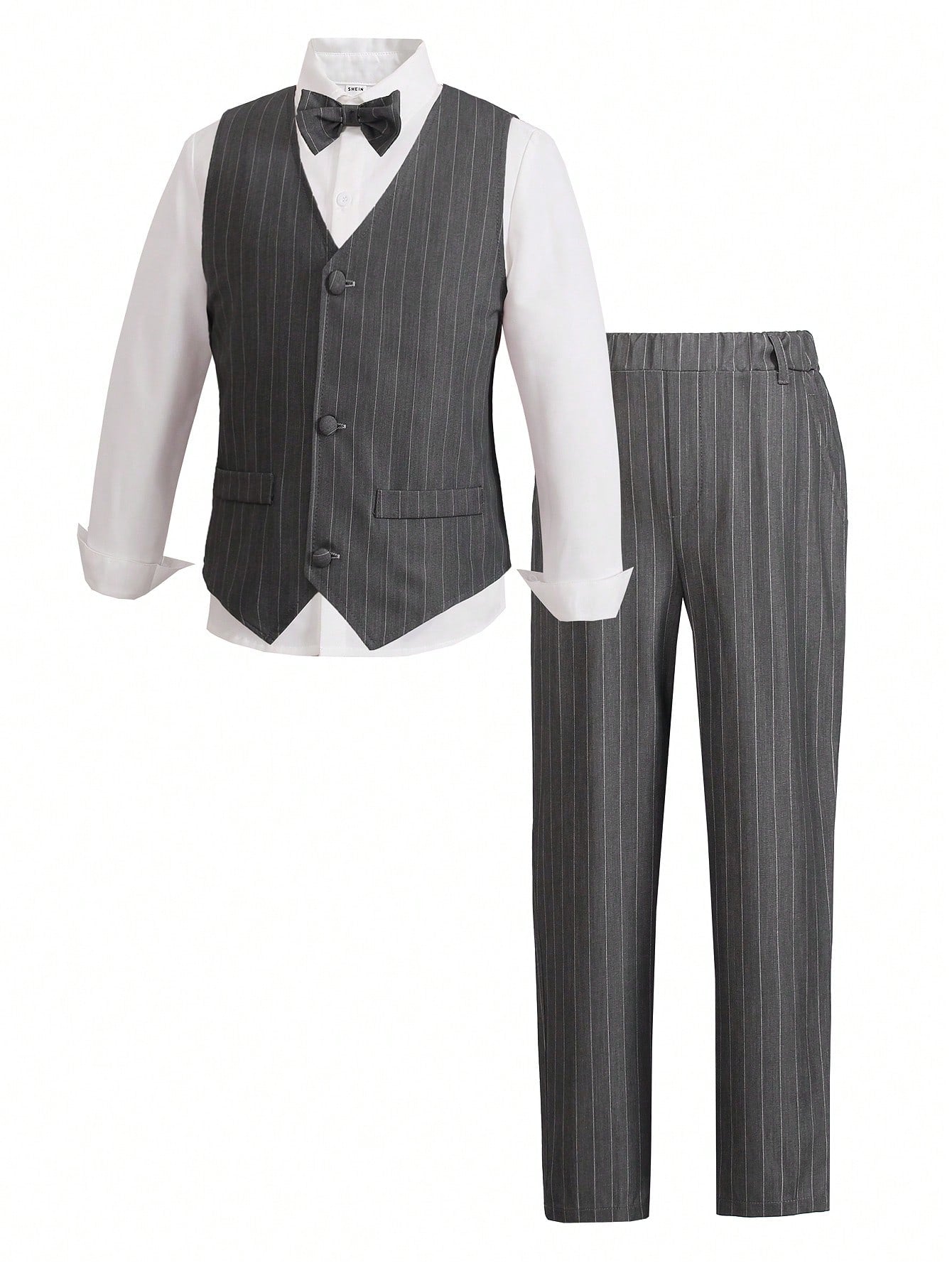 3pcs Tween Boy Gentleman Style Suit, Striped Vest, Pants, And Bow Tie, Elegant And  Outfit For Birthday Party, Evening Performance, Wedding, Christening, First Year Birthday, Back To School Season