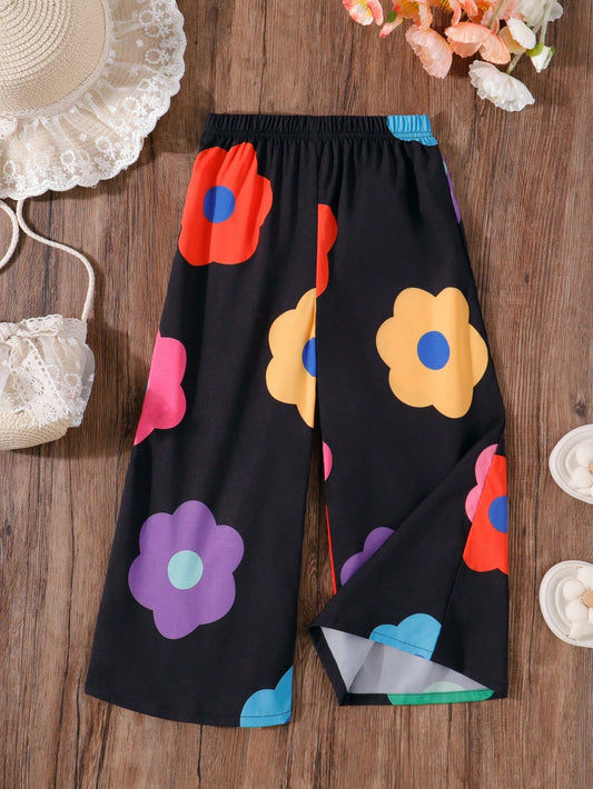 Young Girls' Casual Style Colorful Printed Long Pants, Spring/Summer