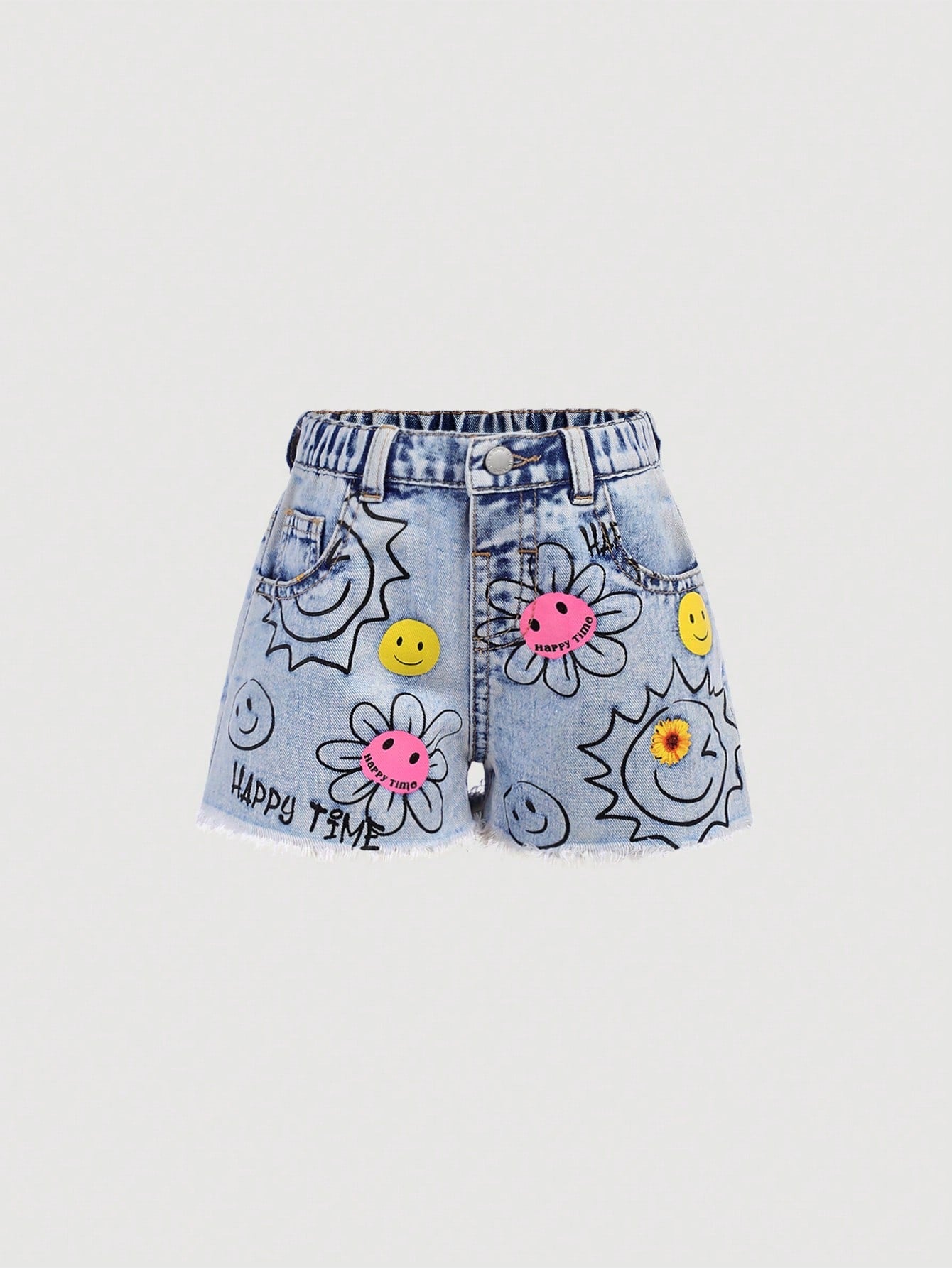 Girls' Flower & Sun Pattern Blue Denim Shorts, Toddler