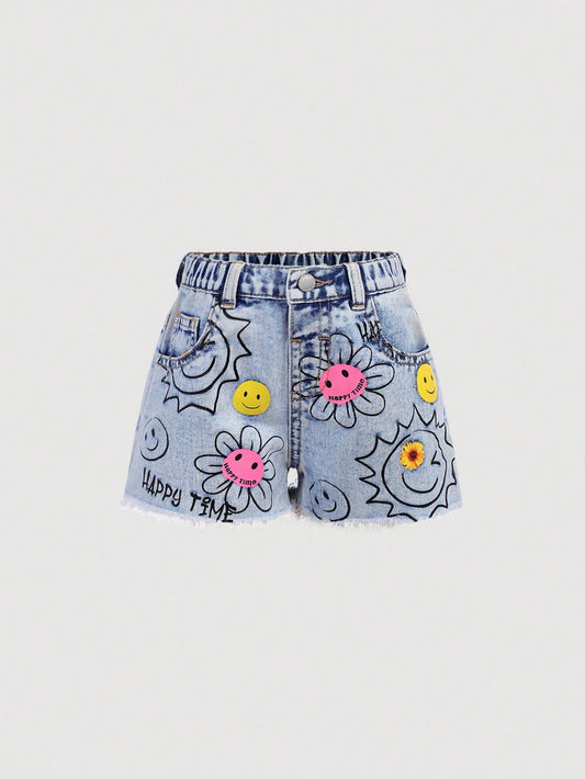 Girls' Flower & Sun Pattern Blue Denim Shorts, Toddler