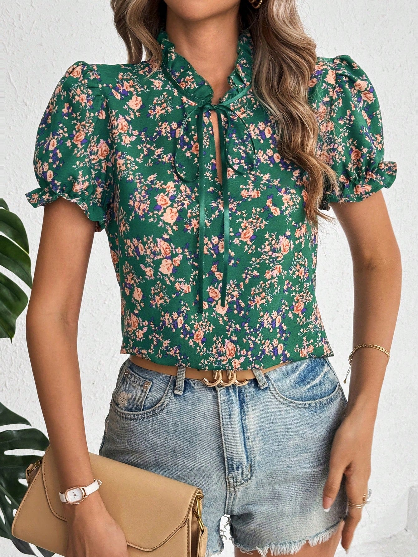 Floral Print Tie Neck Puff Sleeve Blouse