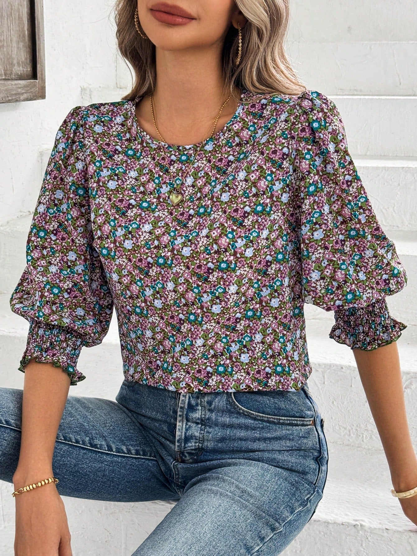 Easter Style Floral Print Half Sleeve Round Neck Fitted Shirt With Ruched Detail