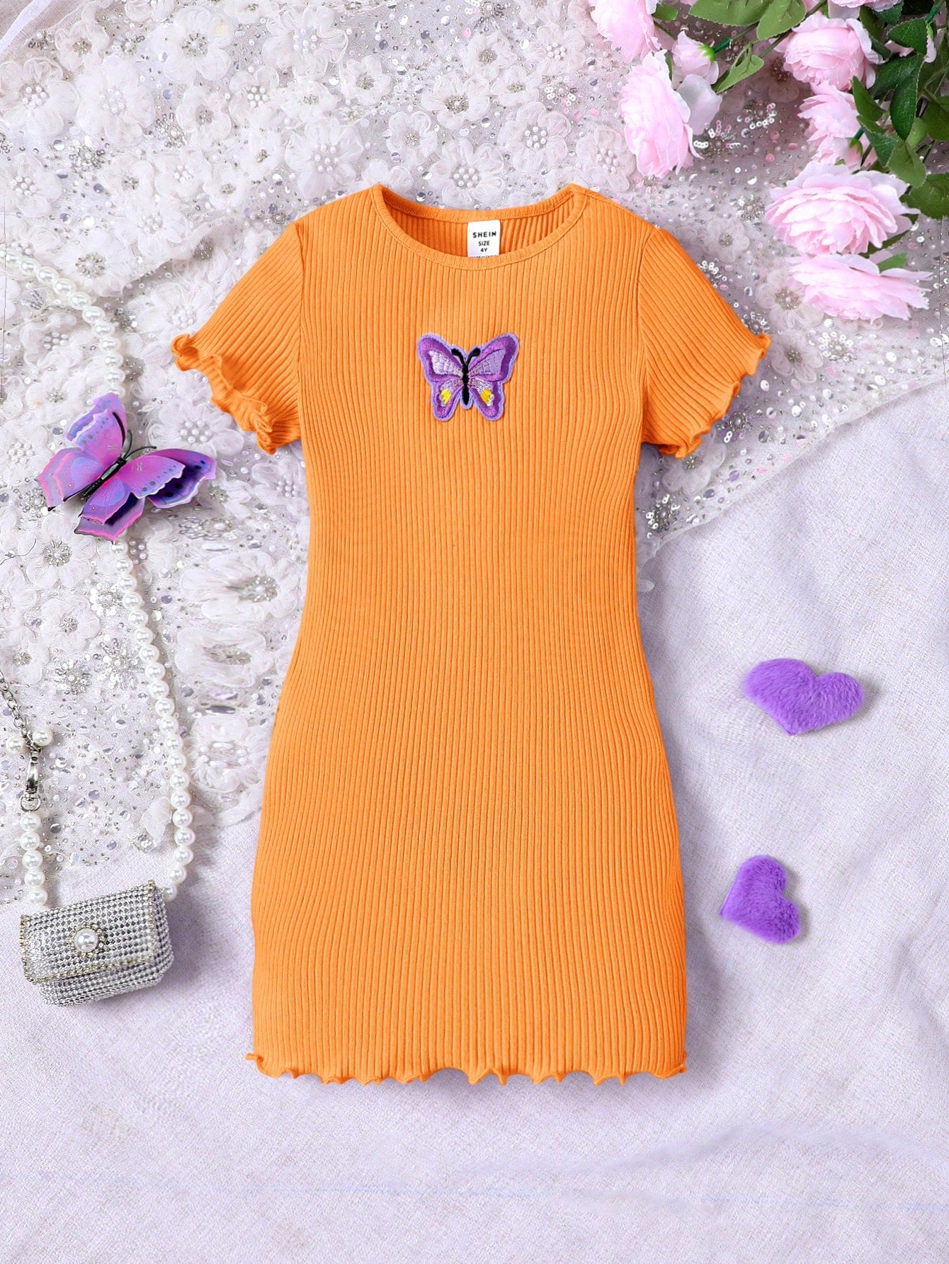 Young Girl Knitted Solid Color Round Neck Butterfly Patterned Casual Dress