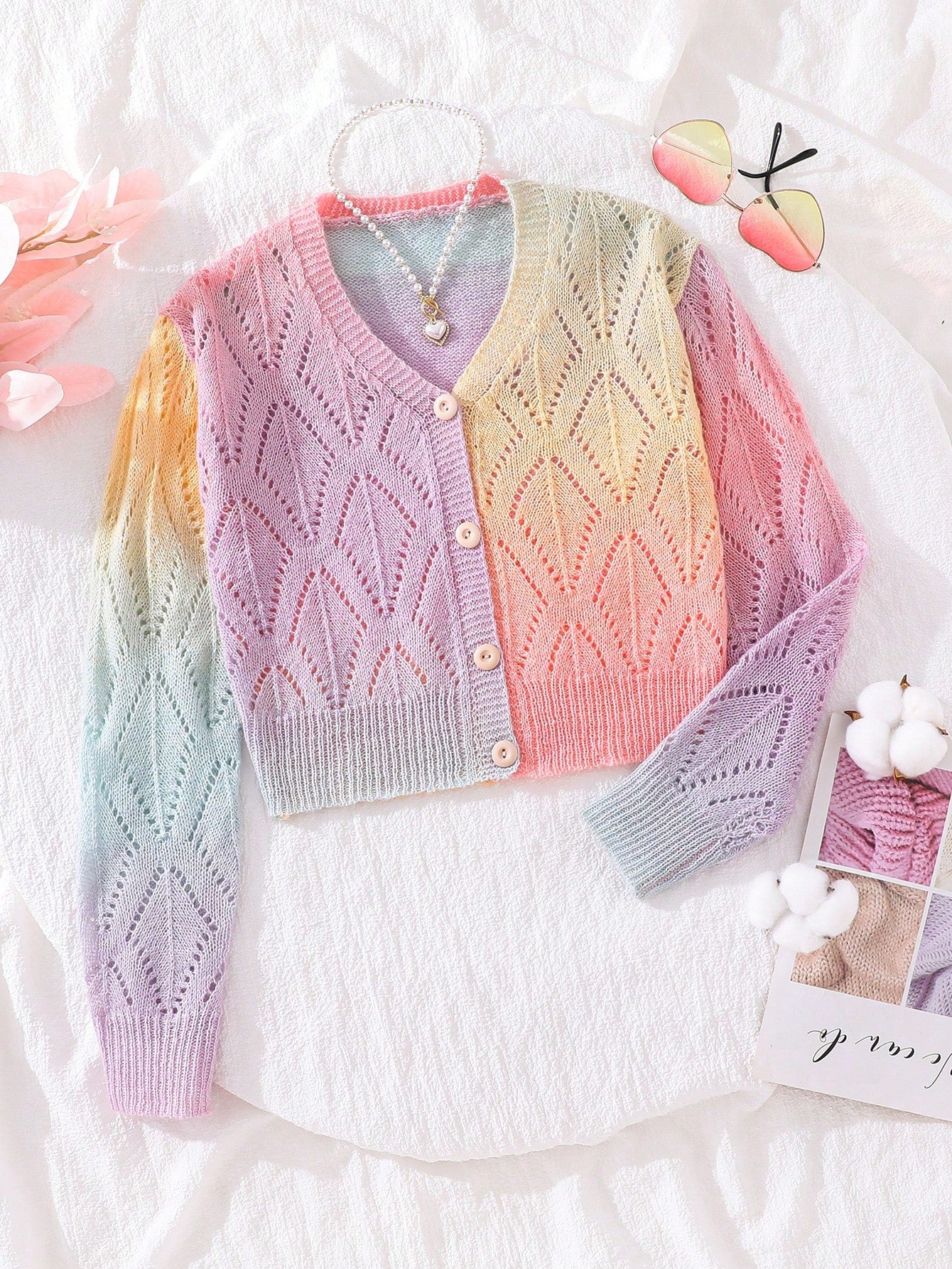 Tween Girl V-Neck Gradient Hollow-Out Lightweight Casual Cardigan For Summer