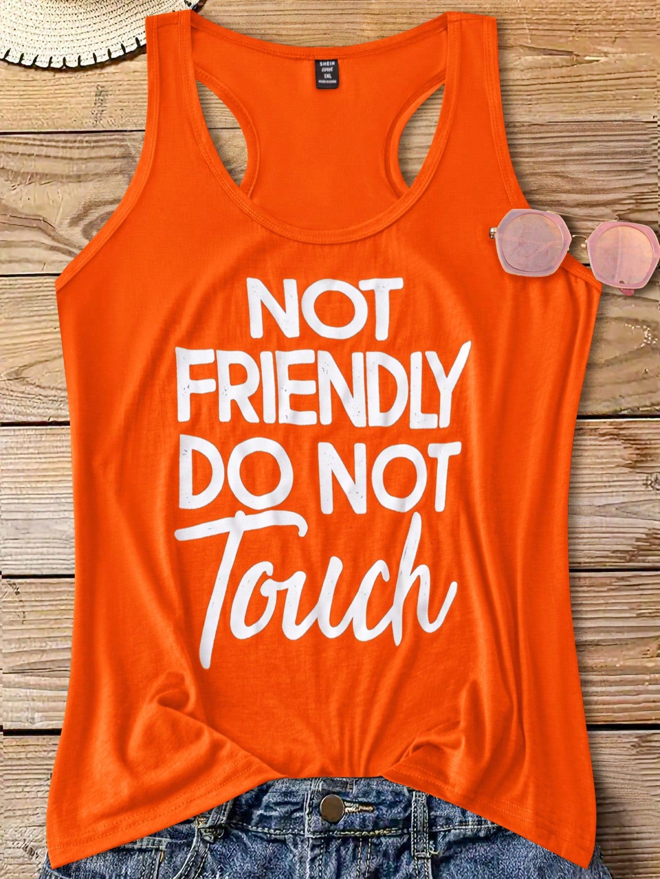 Plus Size Women's Slogan Print Sleeveless Top With Big Round Neckline, NOT FRIENDLY DO NOT Touch