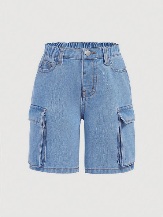 Young Girl Y2K Elastic Waist, Straight Leg, Blue Denim Shorts With Large Pockets,Kids Summer Break Clothes Outfits