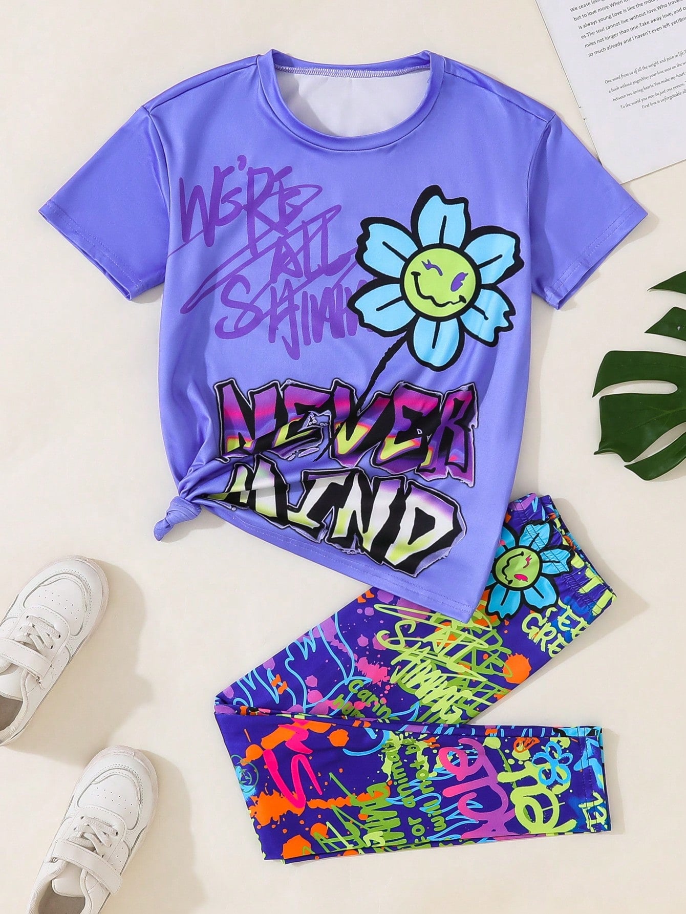 Tween Girls' Casual Street Style Letter & Floral Printed T-Shirt And Leggings Set