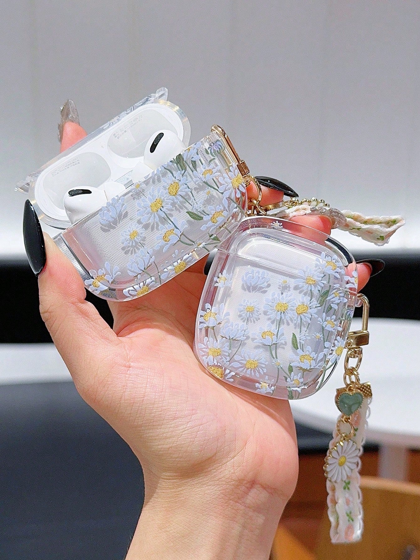 Pink Summer Transparent Cherry Blossom Protective Case Compatible With Airpods Pro 3 / Airpods Pro 2 / Airpods 3, With Floral Pendant For Girls