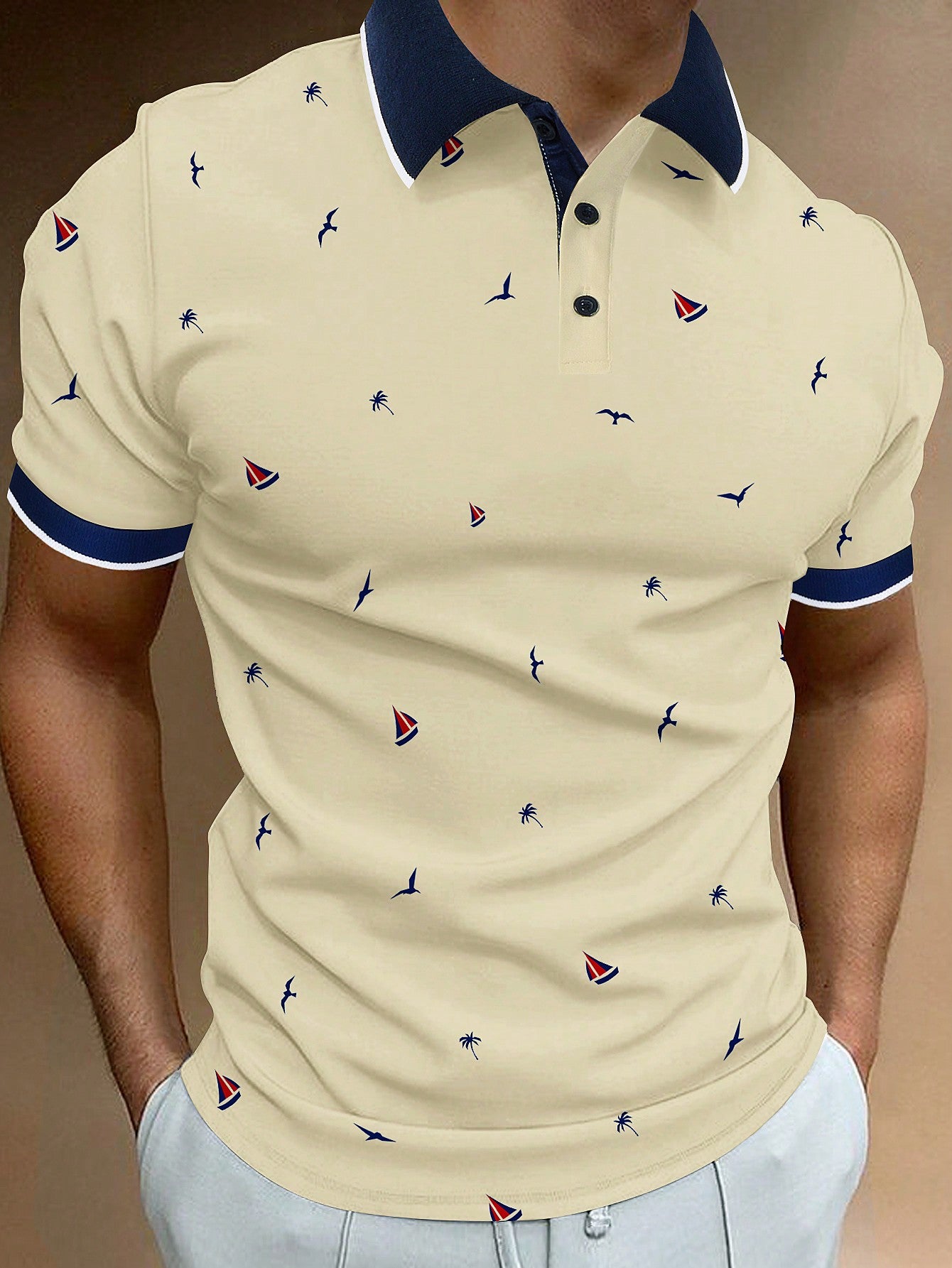 Men Allover Print Contrast Trim Polo Shirt, Half Button Collar Graphic Tropical Funny  Polo Shirt