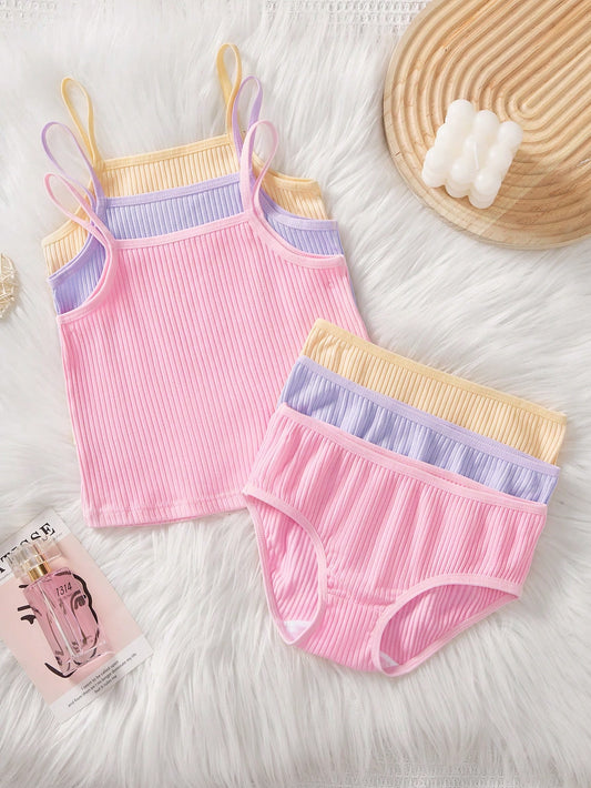 Young Girl Simple Casual Knitted Comfortable Breathable Tank Top With Triangle Shorts 3pcs Set