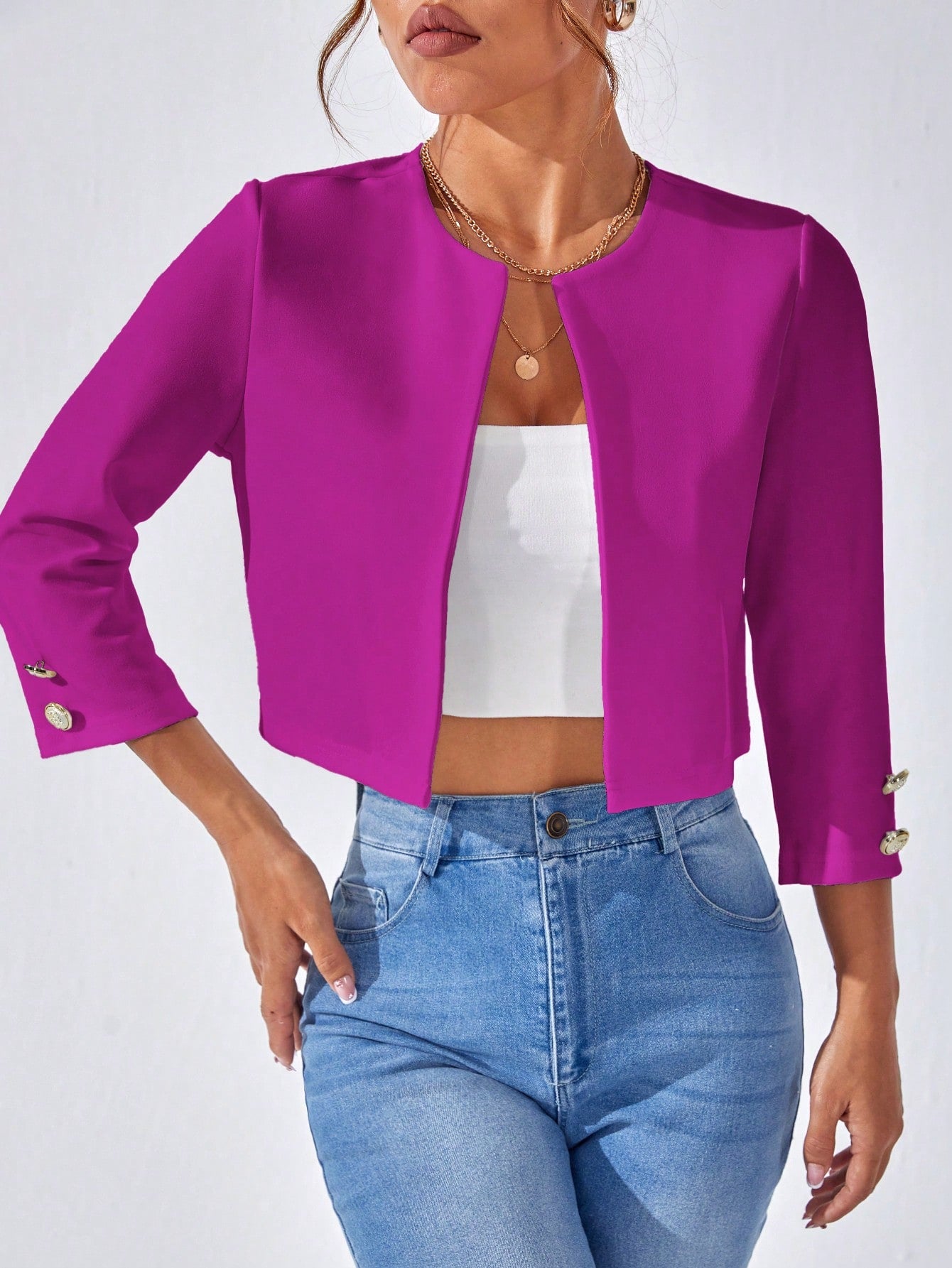 1pc Solid Open Front Crop Jacket