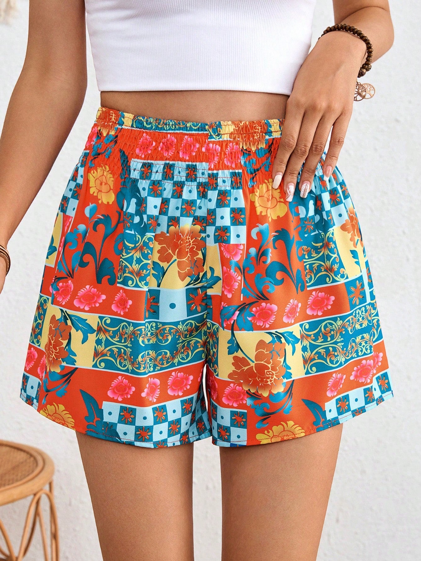 Shirred Waist Geometric Print Summer Casual Beach Women High Waisted Black Shorts