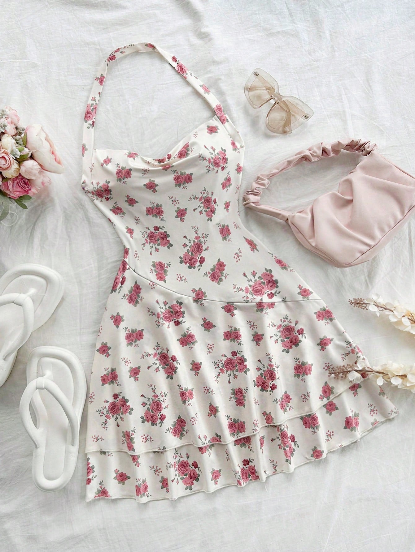 Vacation Style Floral Print Halter Neck Dress With Cinching Waist