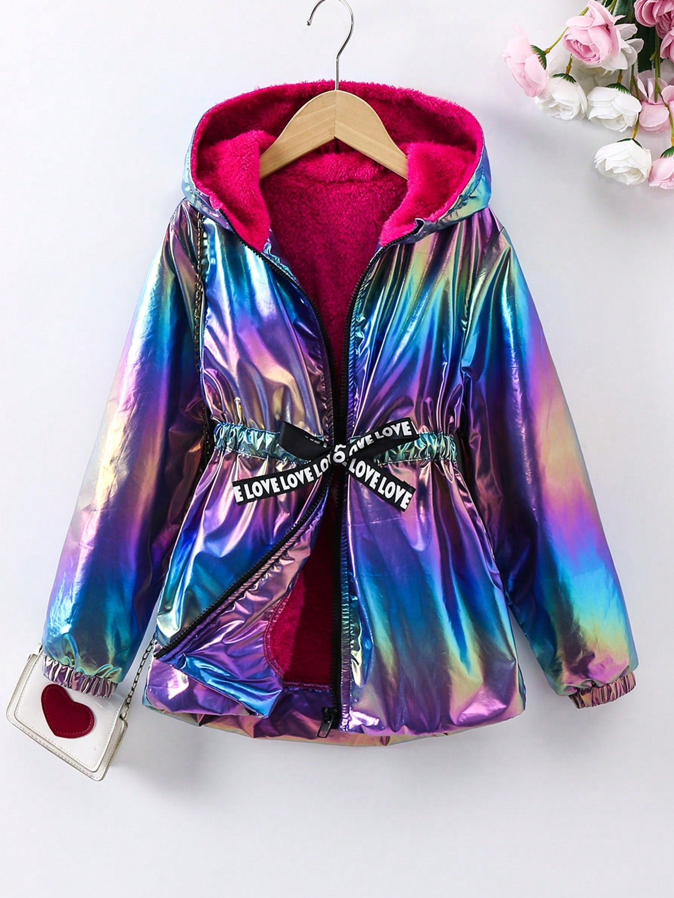 Girls (Big Kid) Metallic Glossy Fabric Fleece-Lined Long Jacket With Waist Drawstring