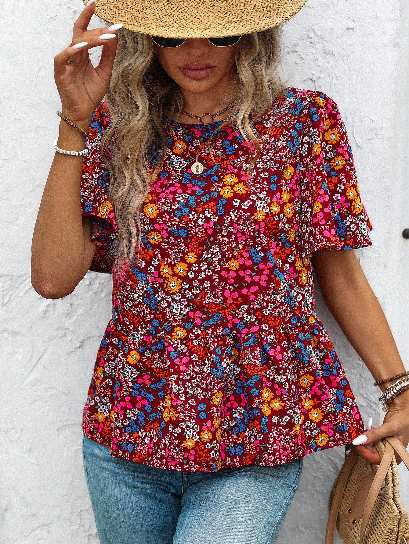 Vacation/Leisure Ditsy Floral Short Sleeve Shirt