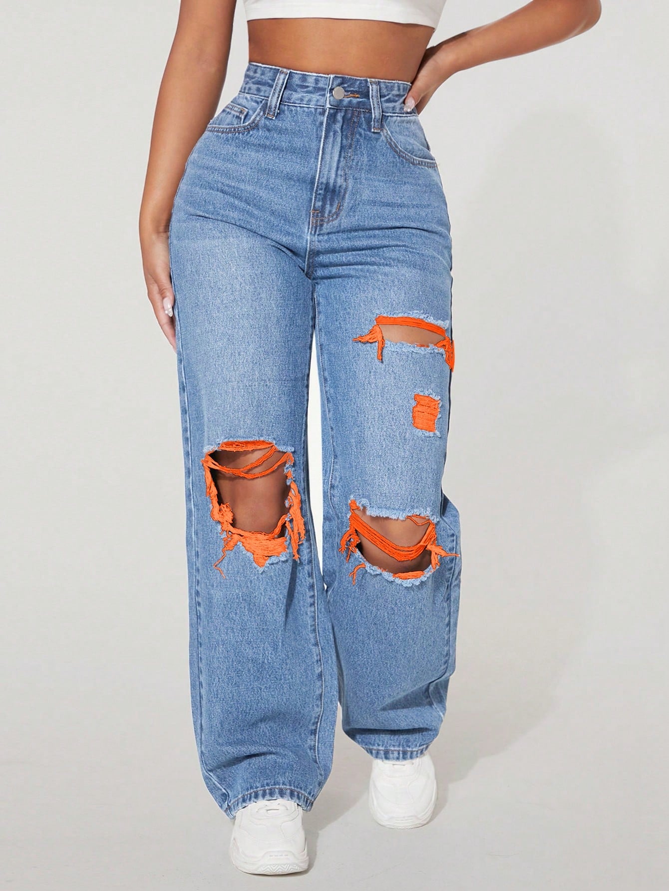 High Waist Ripped Straight Leg Jeans