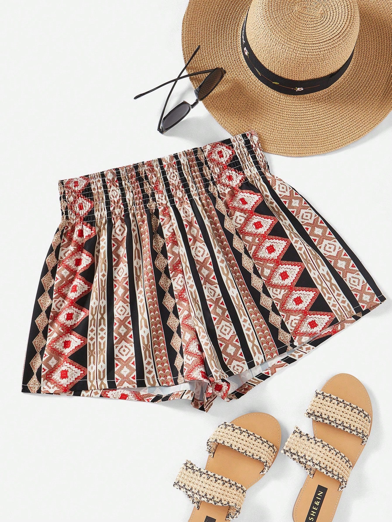 Shirred Waist Geometric Print Summer Casual Beach Women High Waisted Black Shorts