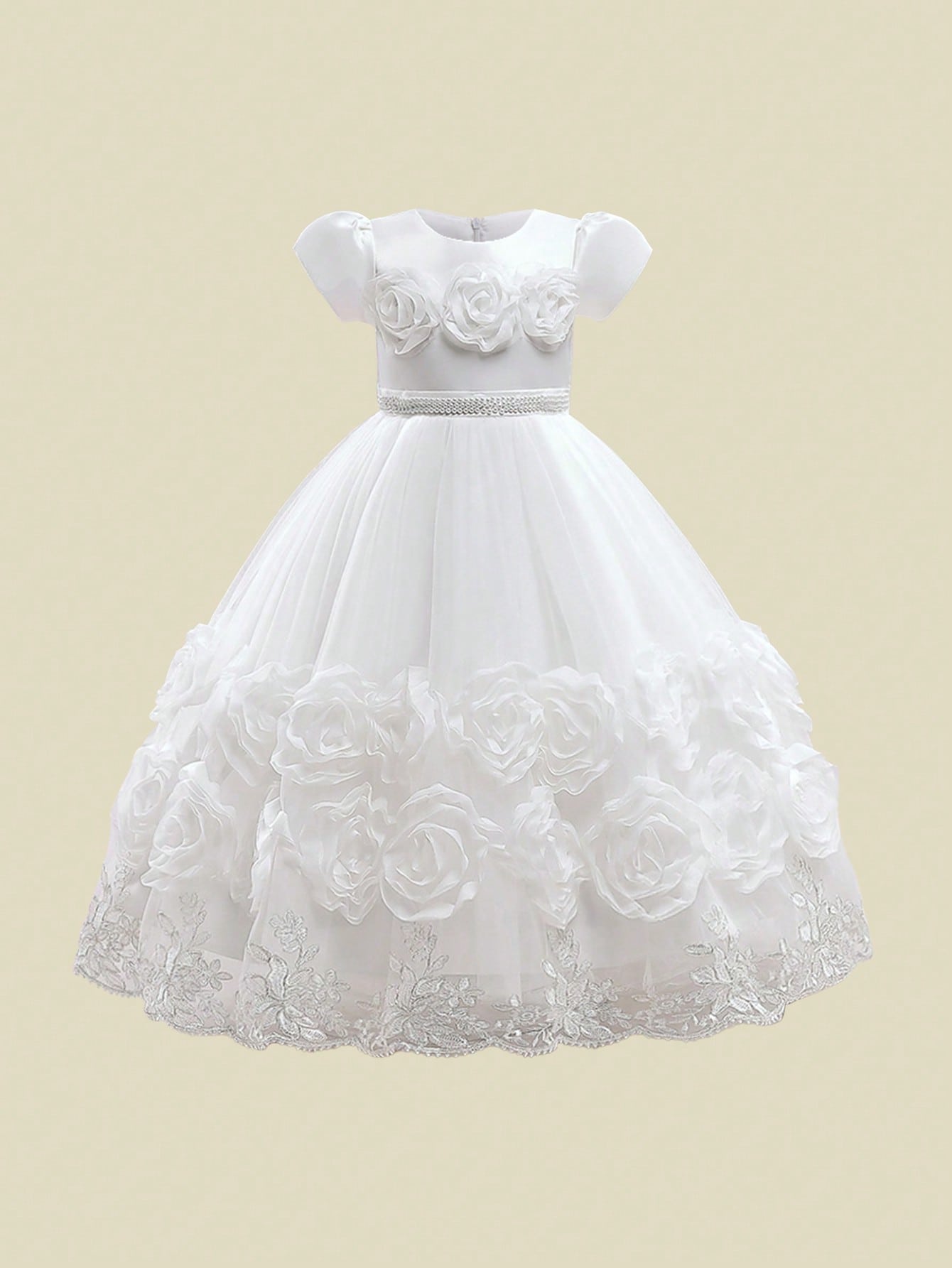 Young Girl Short Sleeve Big Floral Dress, Princess Flower Girl Tutu Dress, Elegant And , Suitable For Parties And Banquets