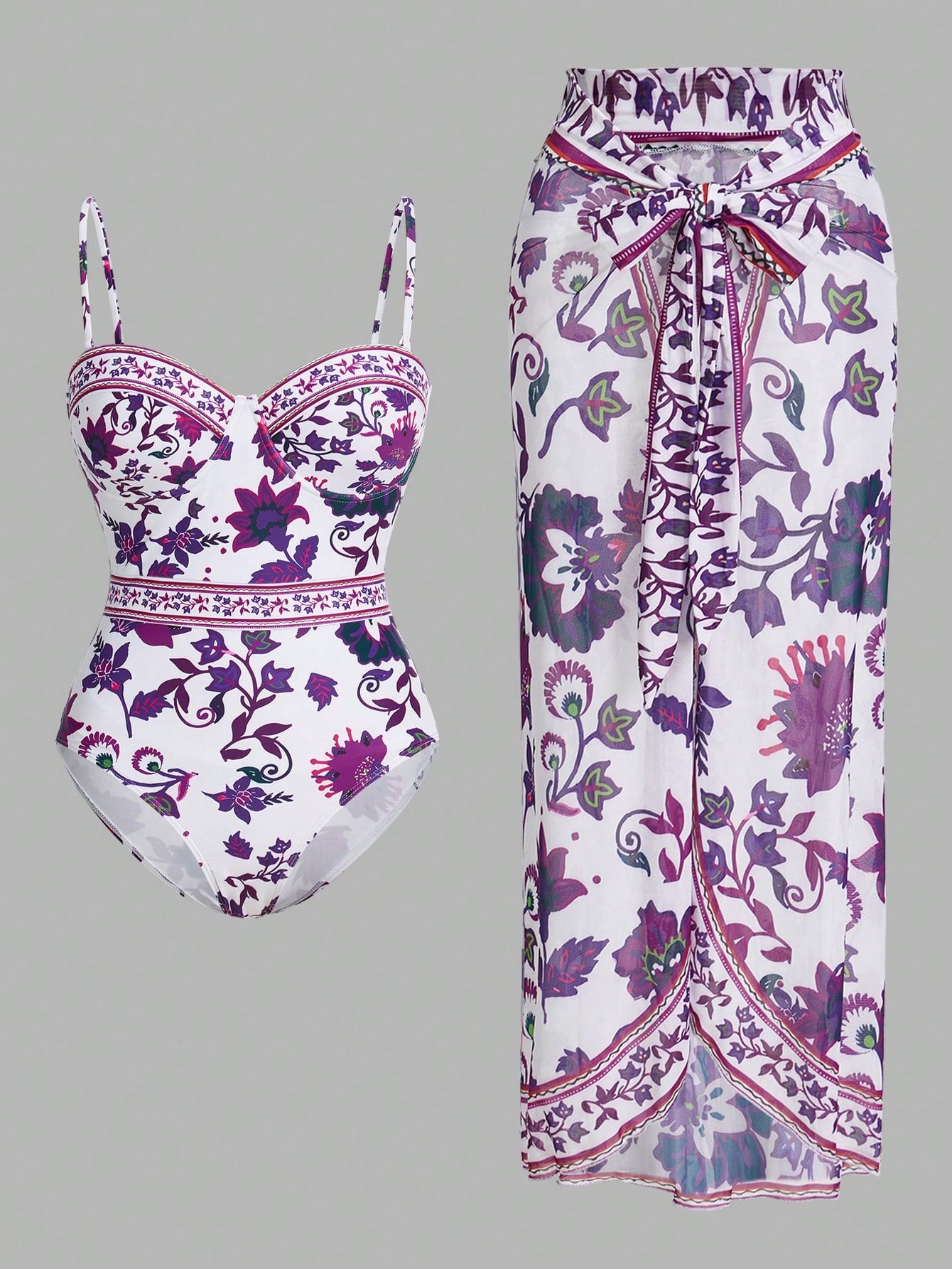 Swim Oasis Summer Beach Women Beach Resprt Flower Print One-Piece Swimsuit With Cami Strap, Matched With Cover-Up And Skirt