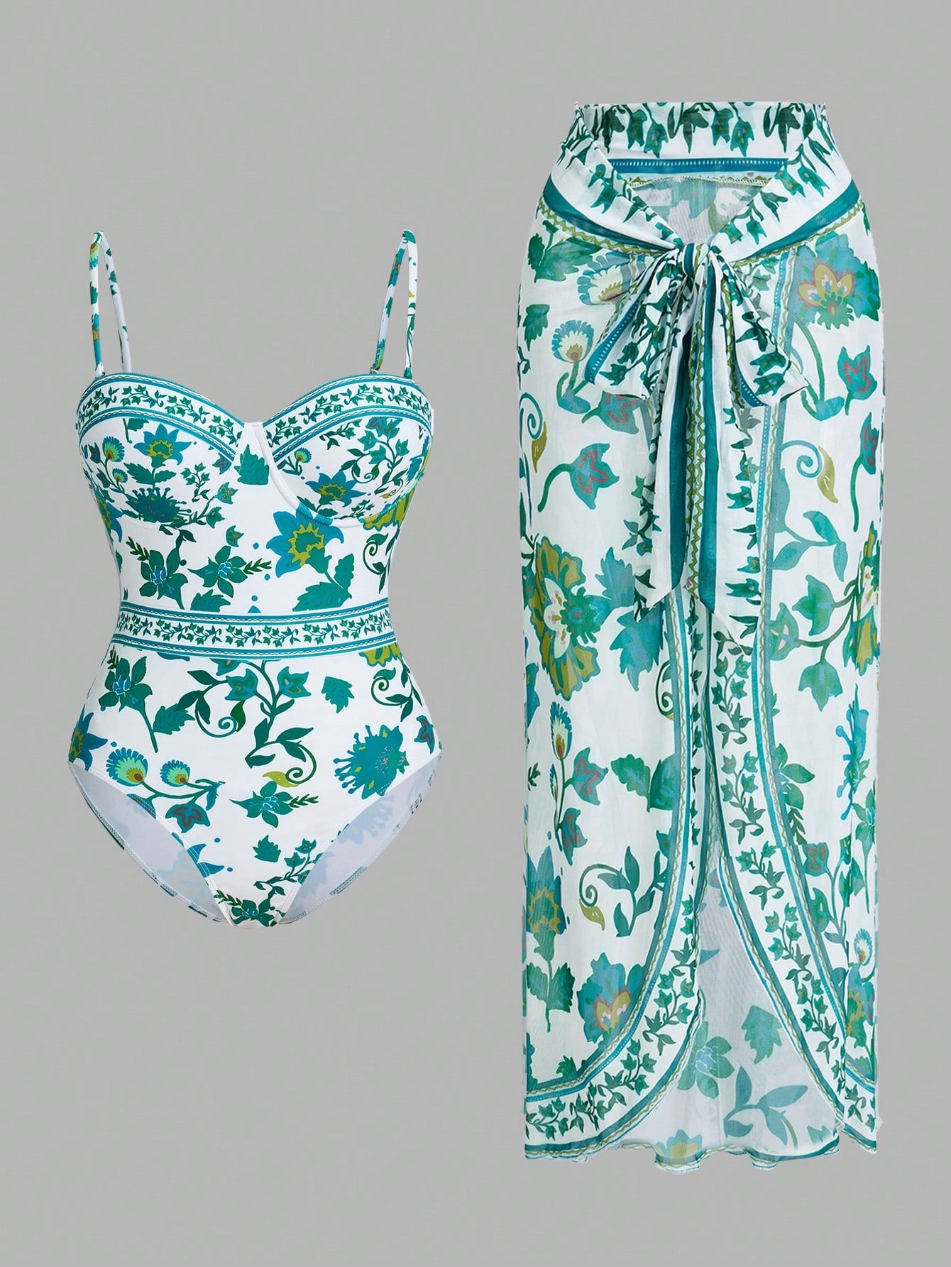 Swim Oasis Summer Beach Women Beach Resprt Flower Print One-Piece Swimsuit With Cami Strap, Matched With Cover-Up And Skirt