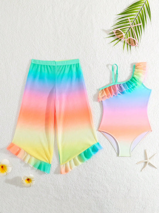 Toddler/Girls' Summer New Arrival One-Piece Swimsuit With Short Sleeved Loose Hooded Cover-Up Pants Set, Rainbow Shaded, Irregular Multicolored, Uneven Shoulder Strap, Wavy Edge Swimsuit, Suitable For Beach, Swimming Pool, Water Park And Pool Parties, Sty