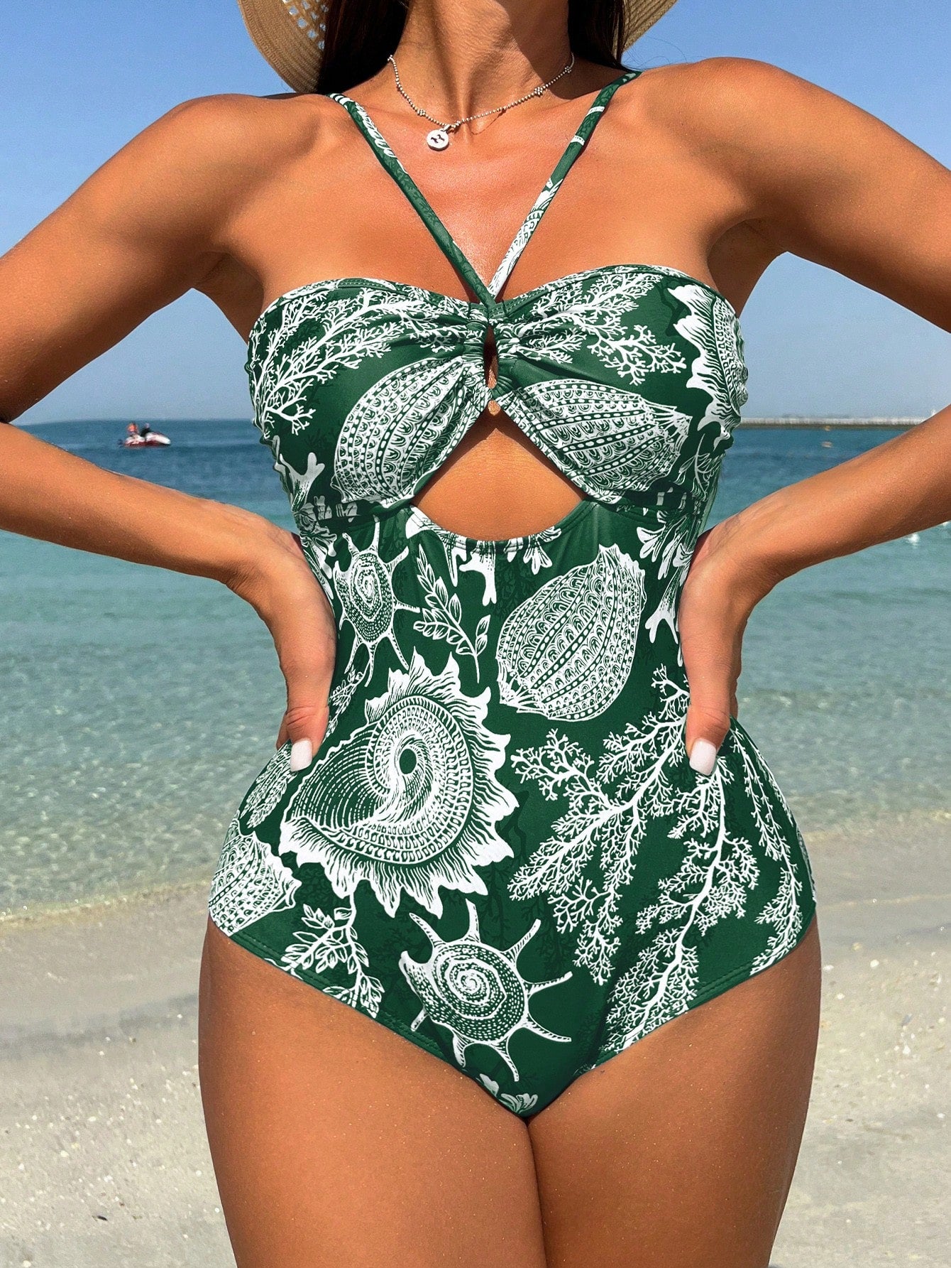 Swim Summer Beach Conch Print Cutout One-Piece Swimsuit