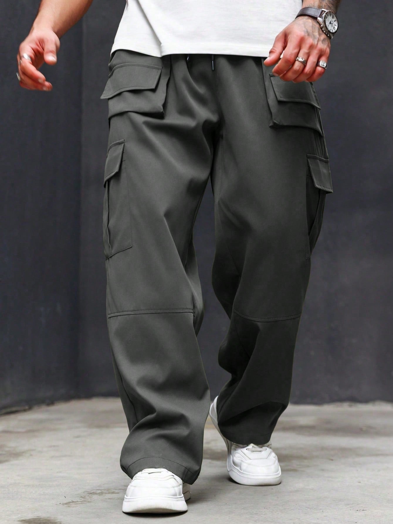 Men's Plus Size Solid Color Drawstring Cargo Pants With Pocket, Casual Style, Black Cargo Pants