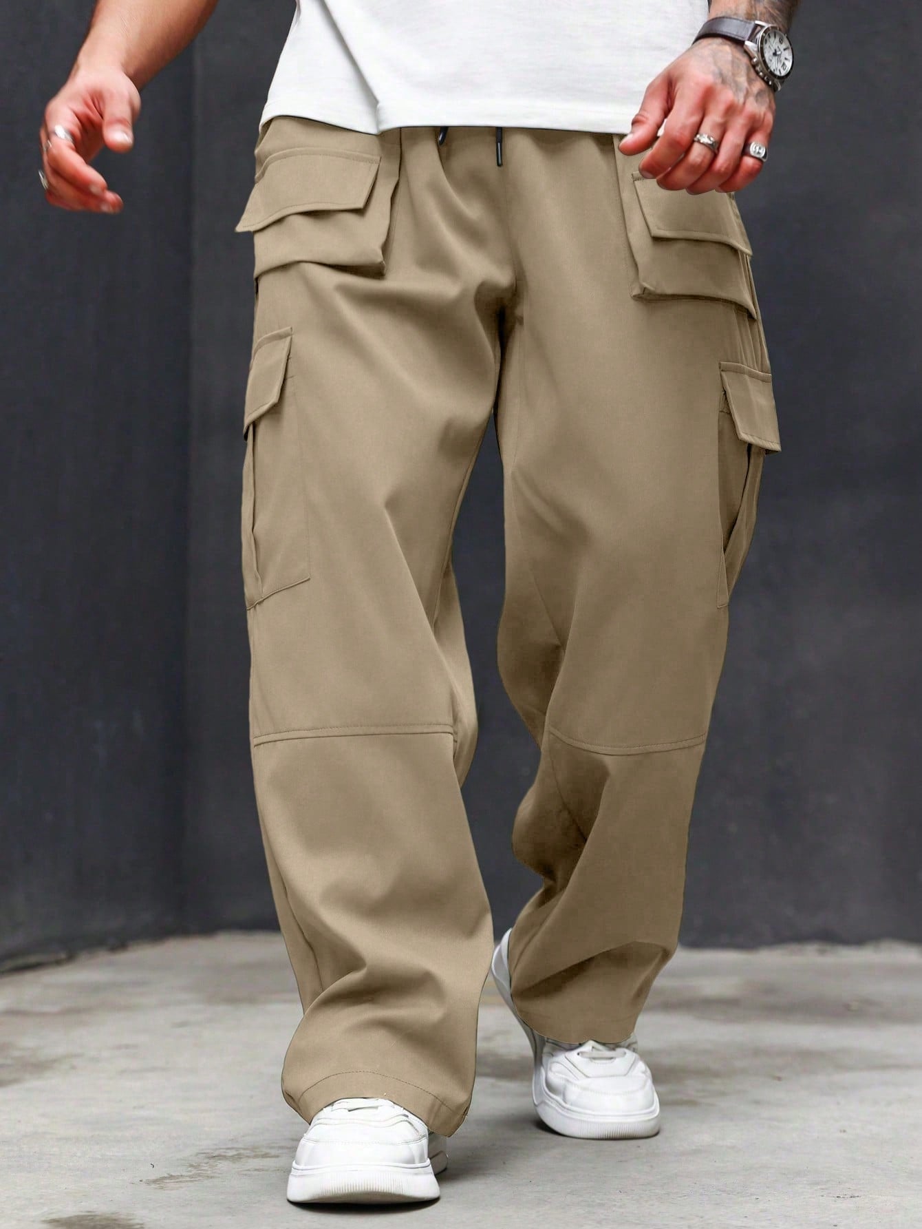 Men's Plus Size Solid Color Drawstring Cargo Pants With Pocket, Casual Style, Black Cargo Pants