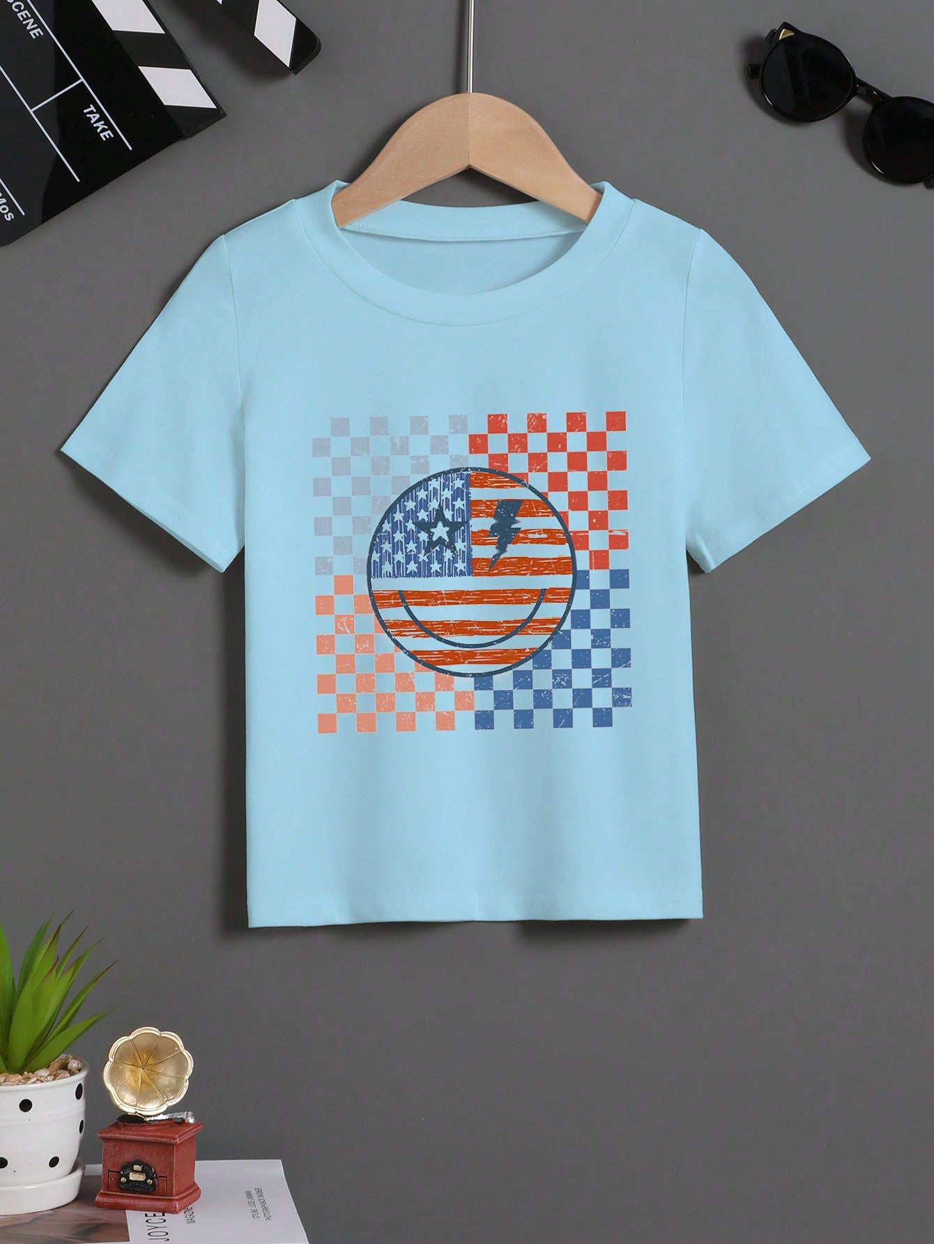 Young Boy Summer Casual Checkered  Printed Short-Sleeve T-Shirt