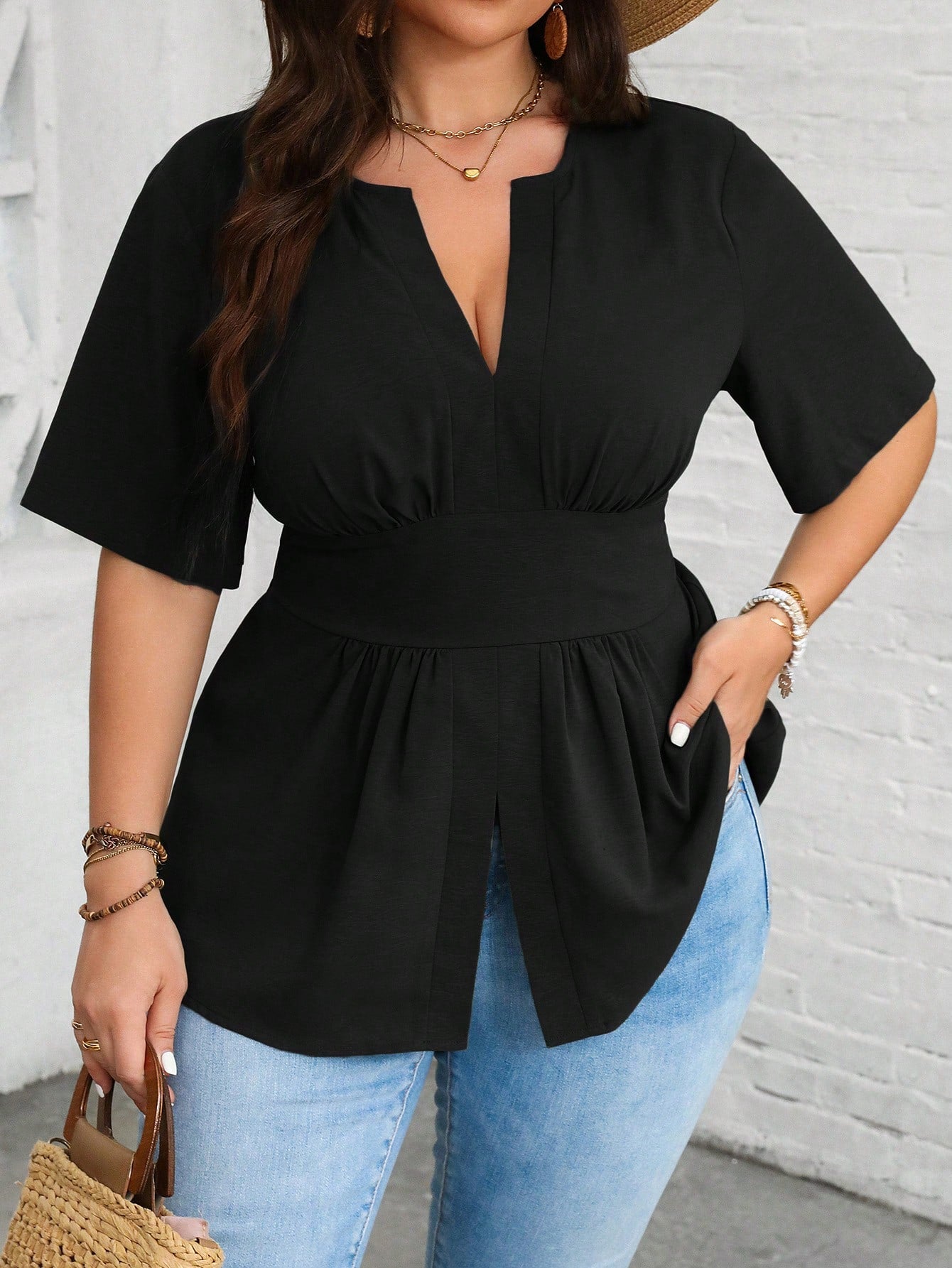 Frenchy Plus Notched Neckline Split Hem Blouse