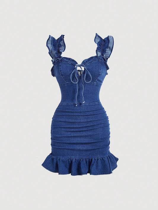 Women's Summer Fashionable Ruffle Hemline Bodycon Denim Dress