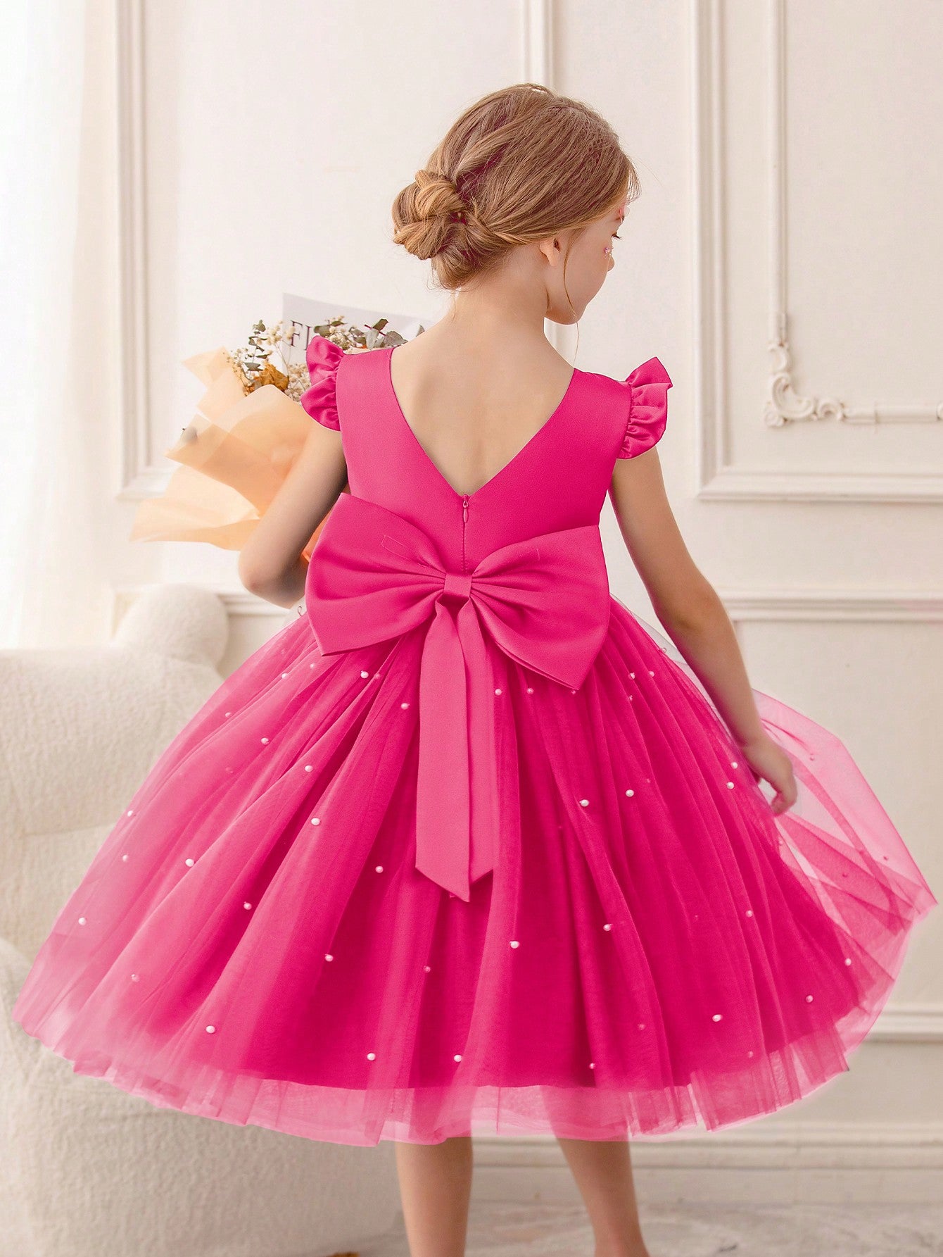 Young Girl Flutter Sleeves Mesh Dress With Tulle, Suitable For Birthday Party, Dancing, Casual Wear, Instrument Performance, Stage, Etc.