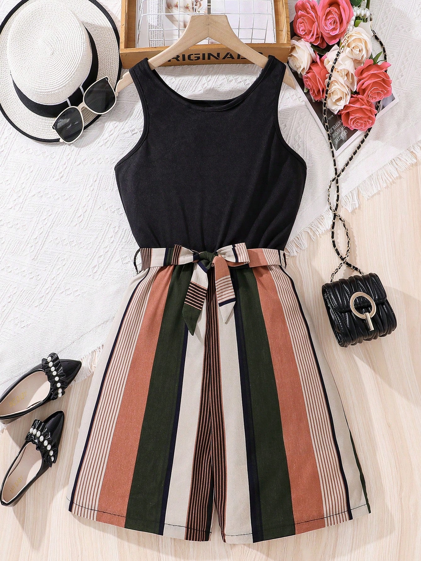 Tween Girl Striped Print Belted Tank Romper