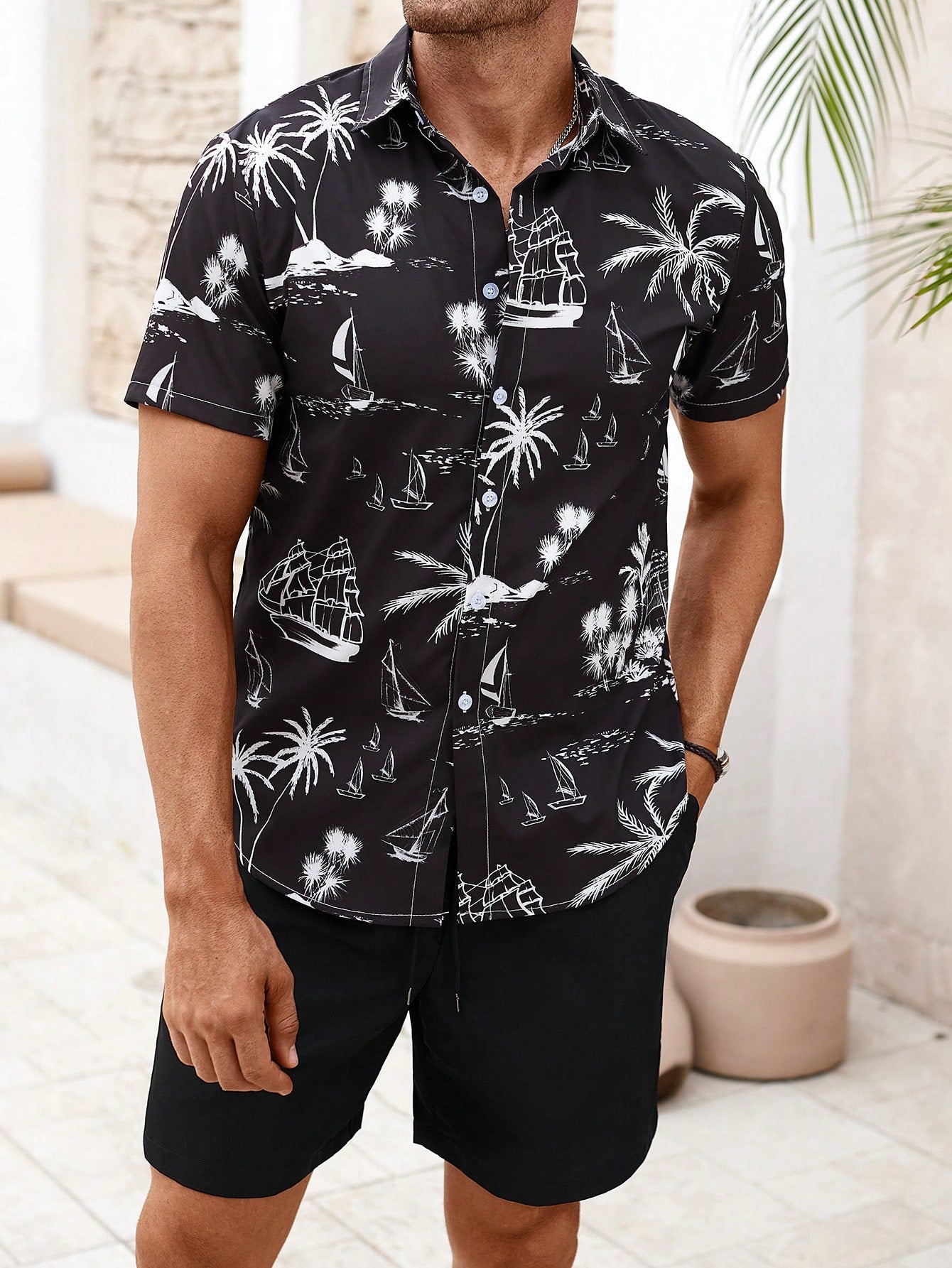 Men's All-over Printed Shirt And Shorts Set With Slanted Pockets